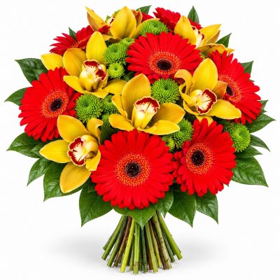 Букет червоних гербер та орхідей